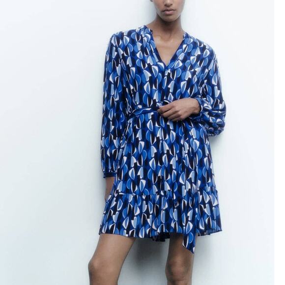 Zara Geometric PRINTED SHORT DRESS with Belt Tie in Blue - Picture 2 of 13